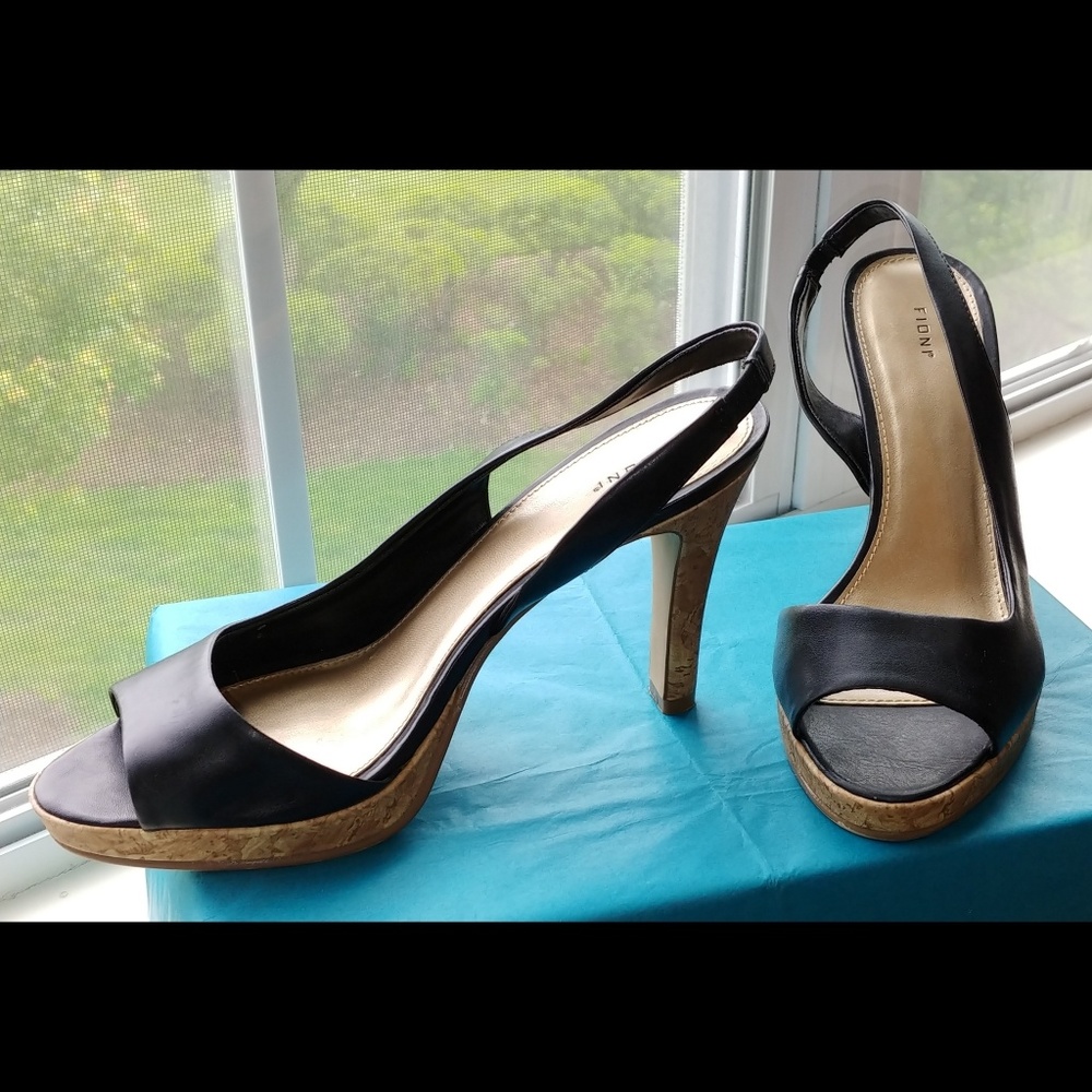 FIONI Black Open Toe Slingback Cork Sandals Heels